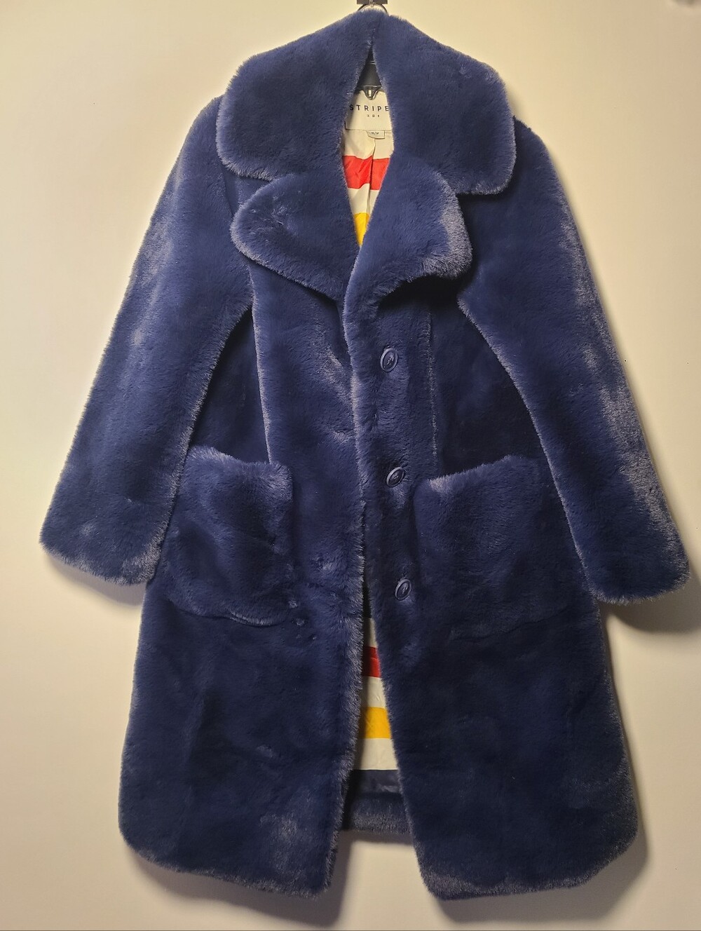 Rare**Hudson's Bay Company Stripes Navy Faux Fur Teddy Long Coat Womens Size M
